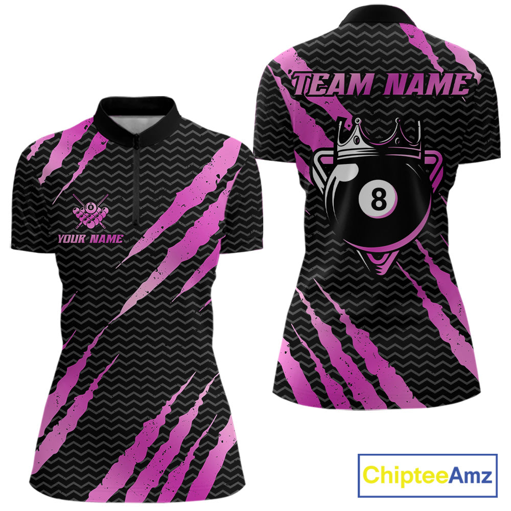 Black and pink billiard quarter zip shirt with 'Team Name' and 'Your Name' text, featuring a crown 8-ball design.