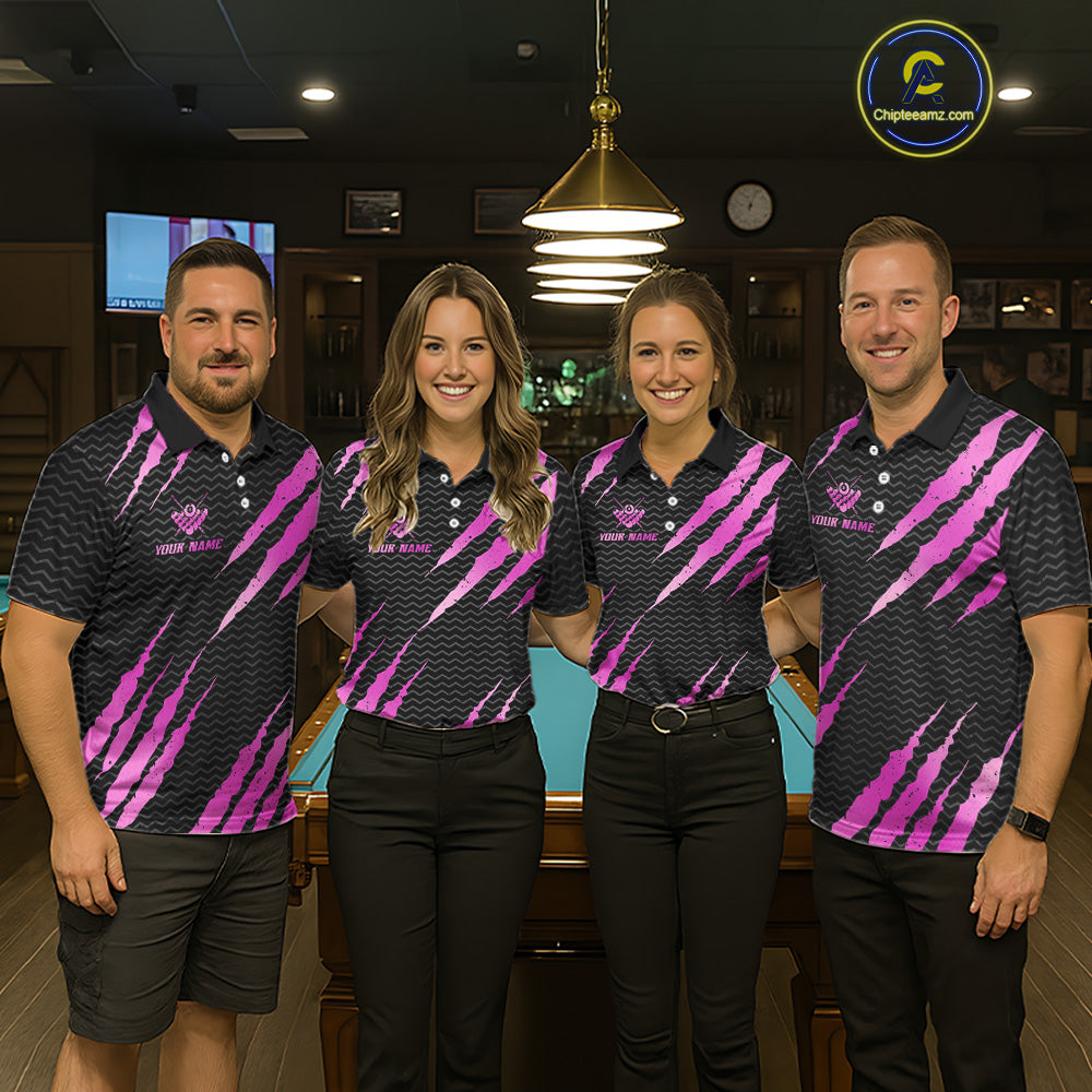Pink And Black Scratch Billiard Shirts For Men Custom 8 Ball Crown Pool Team Jersey Polo & 1/4 Zip TDM6624