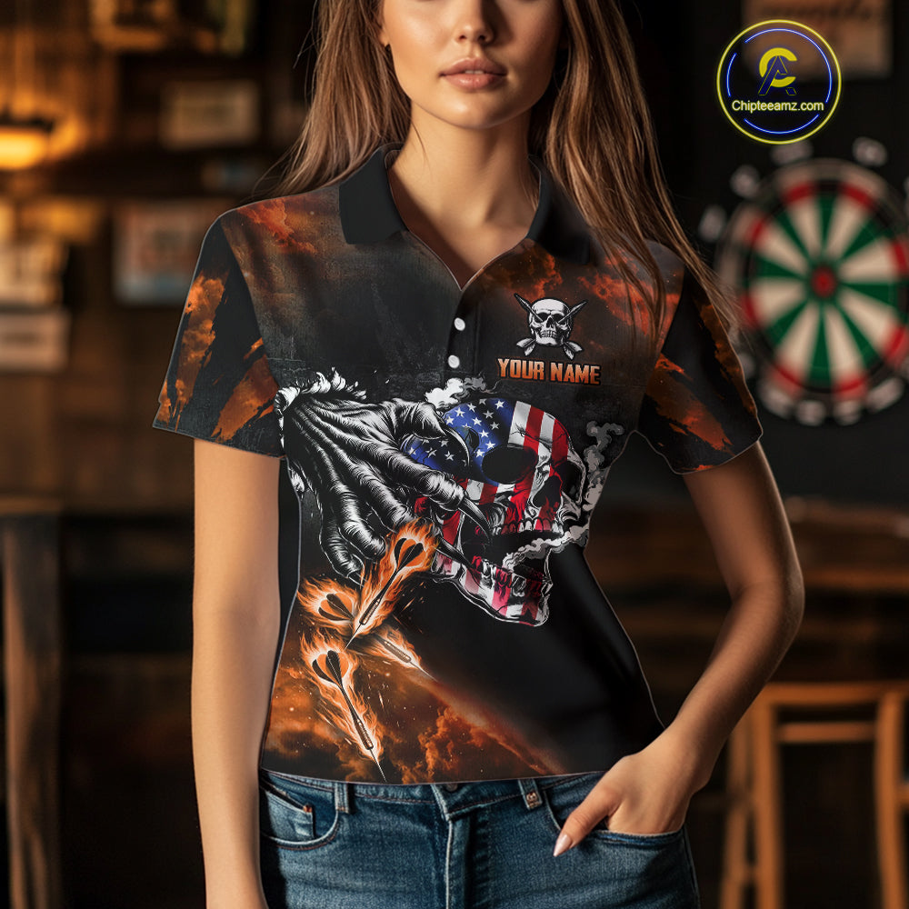 Fire Flame Darts Board American Flag Skull Dart Shirts For Women Custom Darts Team Jerseys |Orange TDM4267