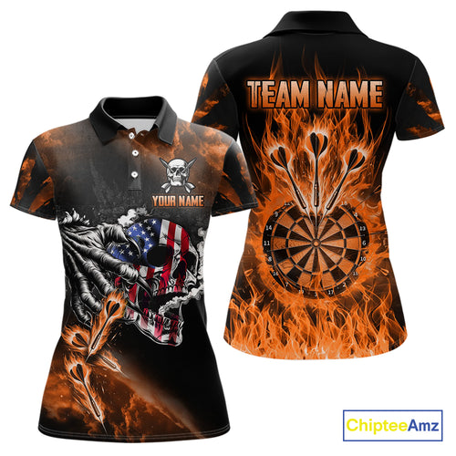 Fire Flame Darts Board American Flag Skull Dart Shirts For Women Custom Darts Team Jerseys |Orange TDM4267