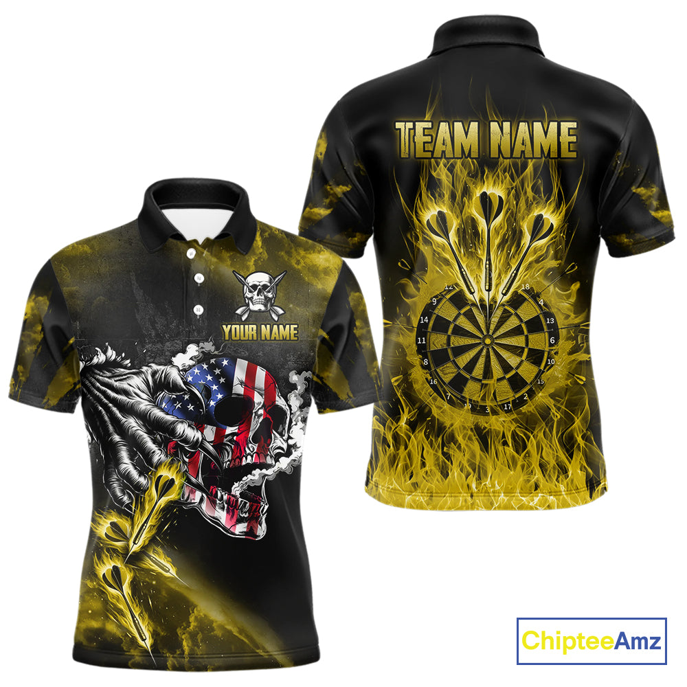 Fire Flame Darts Board American Flag Skull Dart Shirts For Men Custom Darts Team Jerseys |Yellow TDM4268
