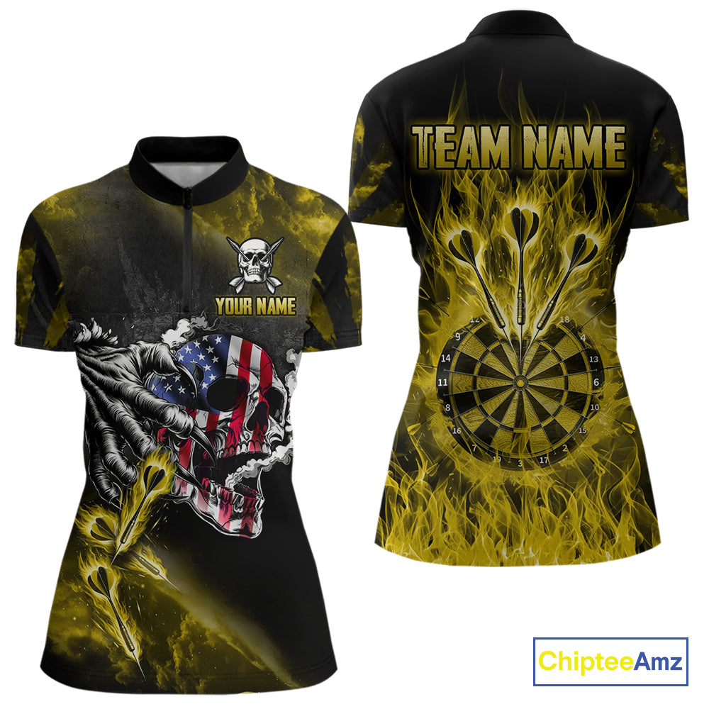 Fire Flame Darts Board American Flag Skull Dart Shirts For Women Custom Darts Team Jerseys |Yellow TDM4268