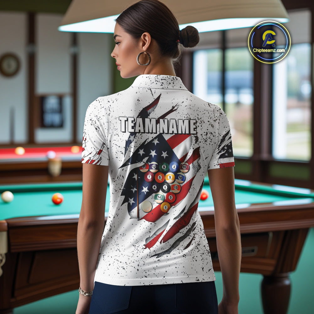 Personalized American Flag White Grunge Billiard Shirt For Women, Patriotic 8 Ball Pool Team Jersey TDM4443