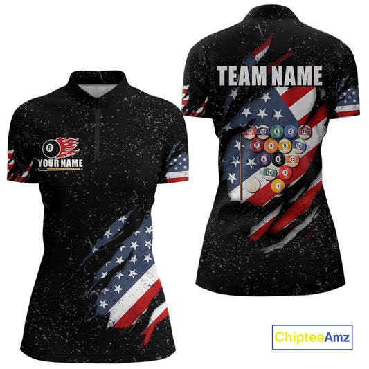 Personalized American Flag Black Grunge Billiard Shirt For Women, Patriotic 8 Ball Pool Team Jersey TDM4444