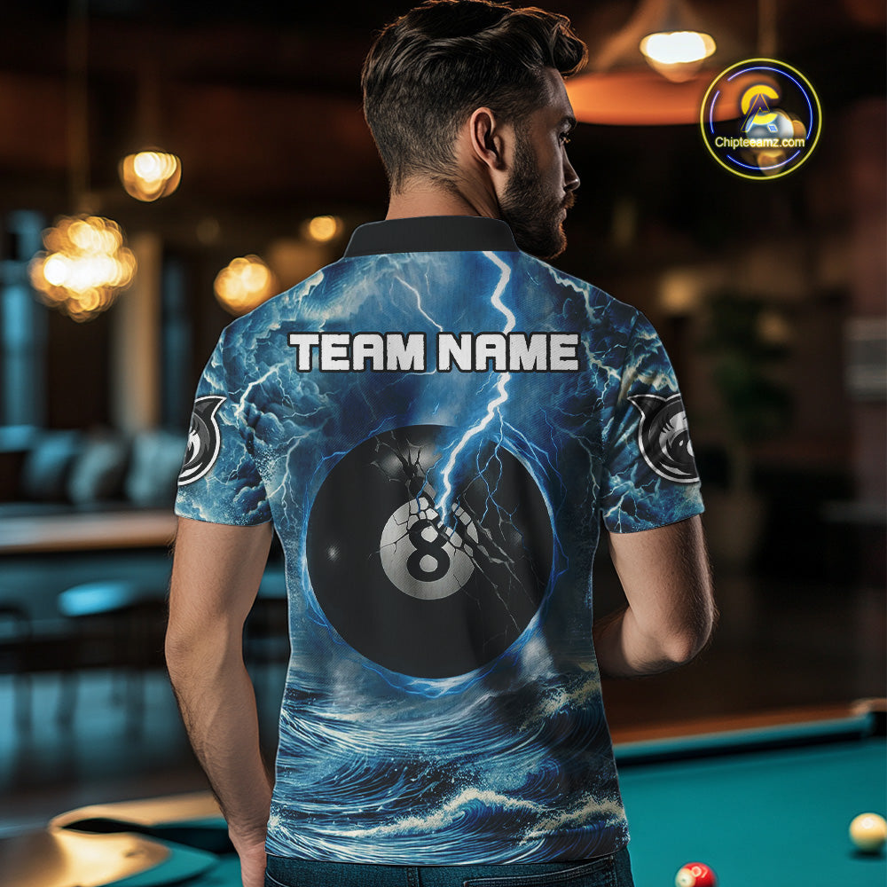 Blue 8 Ball Pool Billiard Shark Polo & Quarter Zip For Men Custom Thunder Storm Billiard Jersey TDM4691