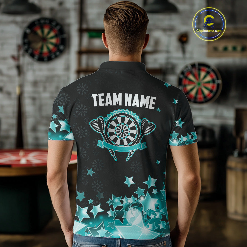 Funny Custom Dart Shirt For Men, Turquoise Black Glowing Star Pattern Darts Polo & Quarter Zip TDM5325