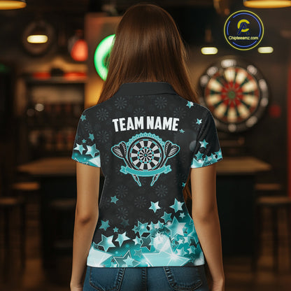 Funny Custom Dart Shirt For Women, Turquoise Black Glowing Star Pattern Darts Polo & Quarter Zip TDM5325