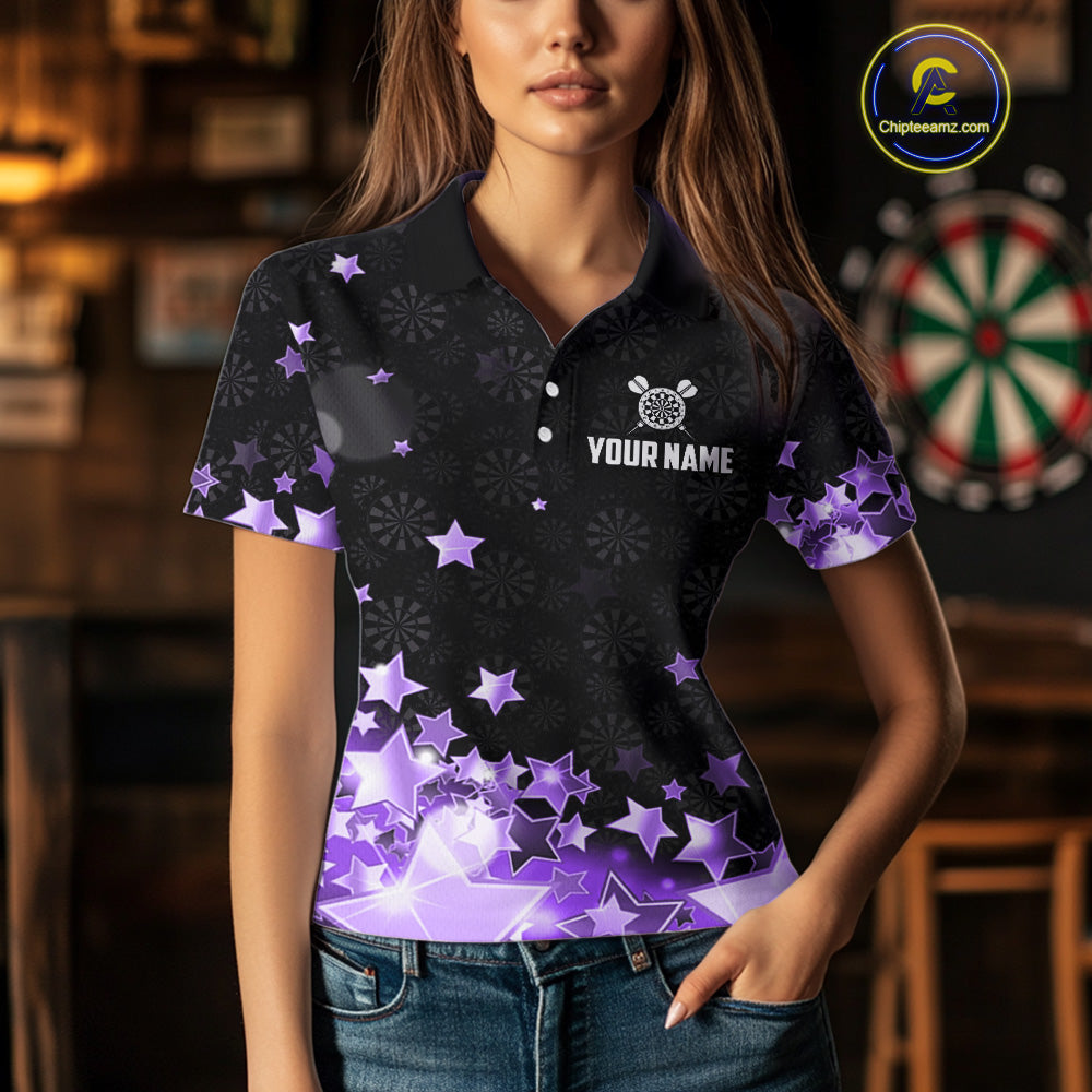 Funny Custom Dart Shirt For Women, Black And Purple Glowing Star Pattern Darts Polo & Quarter Zip TDM5326