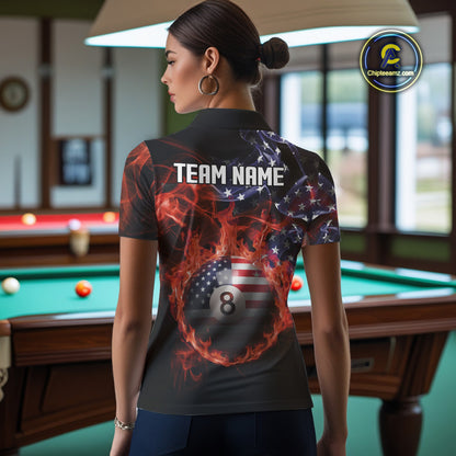 American Flag Smoke Fire 8 Ball Pool Billiard Shirt For Women Custom Patriotic Billiard Team Jersey TDM5332