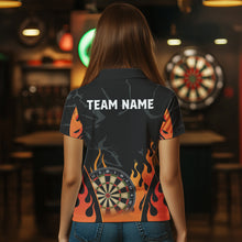Load image into Gallery viewer, Black And Orange Flame Dart Shirt For Women Custom Dart Jersey Pocket Option TDM3806