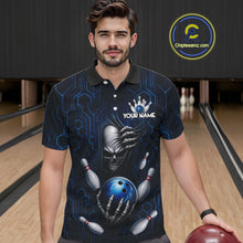Load image into Gallery viewer, Black And Blue Custom Skull Bowling Shirt For Men, Hexagon Bowling Team Jersey Polo &amp; 1/4 Zip TDM6425