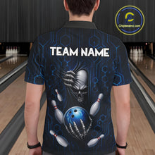 Load image into Gallery viewer, Black And Blue Custom Skull Bowling Shirt For Men, Hexagon Bowling Team Jersey Polo &amp; 1/4 Zip TDM6425