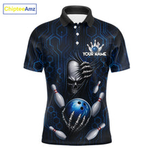 Load image into Gallery viewer, Black And Blue Custom Skull Bowling Shirt For Men, Hexagon Bowling Team Jersey Polo &amp; 1/4 Zip TDM6425