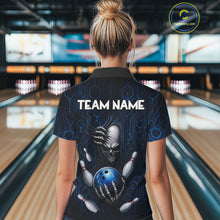 Load image into Gallery viewer, Black And Blue Custom Skull Bowling Shirt For Women, Hexagon Bowling Team Jersey Polo &amp; 1/4 Zip TDM6425