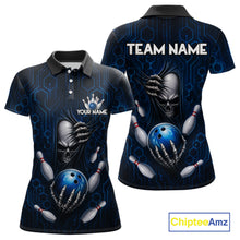 Load image into Gallery viewer, Black And Blue Custom Skull Bowling Shirt For Women, Hexagon Bowling Team Jersey Polo &amp; 1/4 Zip TDM6425