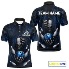 Load image into Gallery viewer, Black And Blue Custom Skull Bowling Shirt For Men, Hexagon Bowling Team Jersey Polo &amp; 1/4 Zip TDM6425