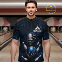 Load image into Gallery viewer, Black And Blue Custom Skull Bowling Shirt For Men, Hexagon Bowling Team Jersey Polo &amp; 1/4 Zip TDM6425