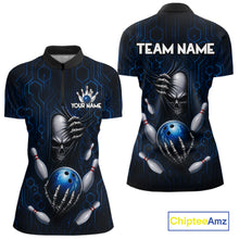 Load image into Gallery viewer, Black And Blue Custom Skull Bowling Shirt For Women, Hexagon Bowling Team Jersey Polo &amp; 1/4 Zip TDM6425