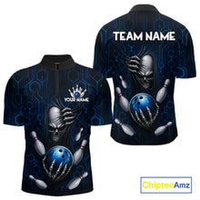 Load image into Gallery viewer, Black And Blue Custom Skull Bowling Shirt For Men, Hexagon Bowling Team Jersey Polo &amp; 1/4 Zip TDM6425