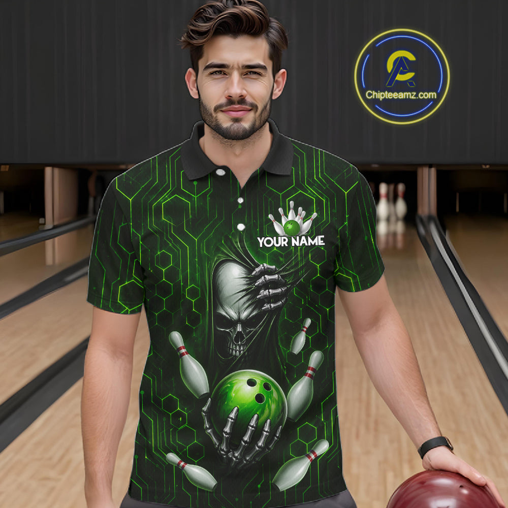 Black And Green Custom Skull Bowling Shirt For Men, Hexagon Bowling Team Jersey Polo & 1/4 Zip TDM6426