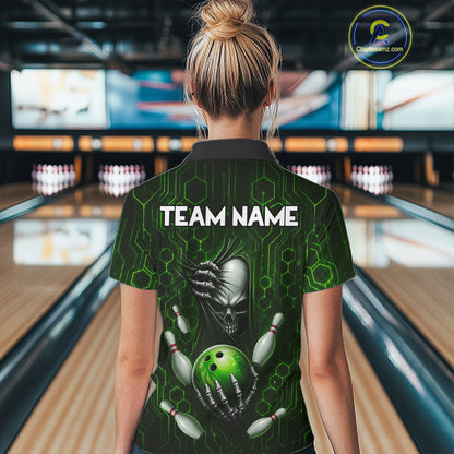 Black And Green Custom Skull Bowling Shirt For Women, Hexagon Bowling Team Jersey Polo & 1/4 Zip TDM6426