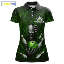 Load image into Gallery viewer, Black And Green Custom Skull Bowling Shirt For Women, Hexagon Bowling Team Jersey Polo &amp; 1/4 Zip TDM6426