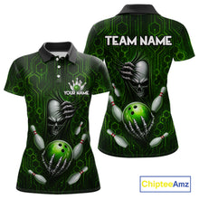 Load image into Gallery viewer, Black And Green Custom Skull Bowling Shirt For Women, Hexagon Bowling Team Jersey Polo &amp; 1/4 Zip TDM6426