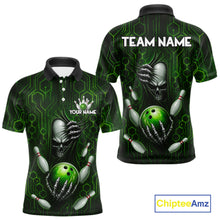 Load image into Gallery viewer, Black And Green Custom Skull Bowling Shirt For Men, Hexagon Bowling Team Jersey Polo &amp; 1/4 Zip TDM6426