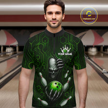 Load image into Gallery viewer, Black And Green Custom Skull Bowling Shirt For Men, Hexagon Bowling Team Jersey Polo &amp; 1/4 Zip TDM6426