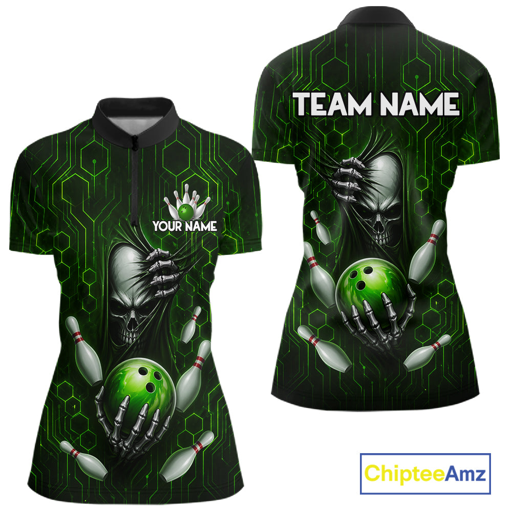 Black And Green Custom Skull Bowling Shirt For Women, Hexagon Bowling Team Jersey Polo & 1/4 Zip TDM6426