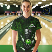 Load image into Gallery viewer, Black And Green Custom Skull Bowling Shirt For Women, Hexagon Bowling Team Jersey Polo &amp; 1/4 Zip TDM6426
