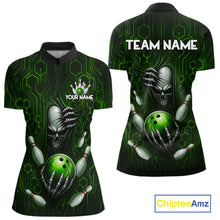 Load image into Gallery viewer, Black And Green Custom Skull Bowling Shirt For Women, Hexagon Bowling Team Jersey Polo &amp; 1/4 Zip TDM6426