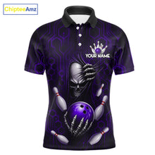 Load image into Gallery viewer, Black And Purple Custom Skull Bowling Shirt For Men, Hexagon Bowling Team Jersey Polo &amp; 1/4 Zip TDM6427