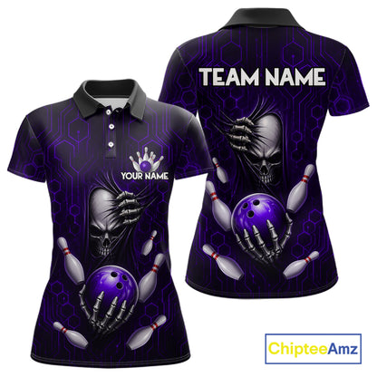 Black And Purple Custom Skull Bowling Shirt For Women, Hexagon Bowling Team Jersey Polo & 1/4 Zip TDM6427