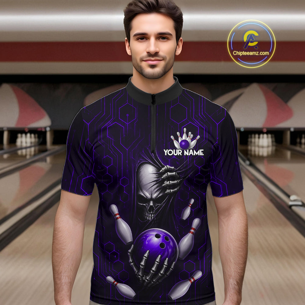 Black And Purple Custom Skull Bowling Shirt For Men, Hexagon Bowling Team Jersey Polo & 1/4 Zip TDM6427