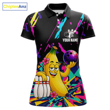 Load image into Gallery viewer, Colorful polo shirt with a cartoon banana bowling design with customizable your name and team name