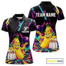 Load image into Gallery viewer, Colorful polo shirt with a cartoon banana bowling design with customizable your name and team name