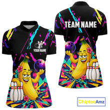 Load image into Gallery viewer, Colorful quarter zip shirt with a cartoon banana bowling design with customizable your name and team name