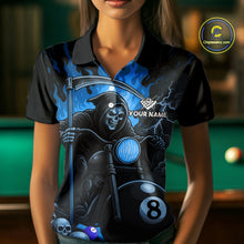 Load image into Gallery viewer, Woman wearing a blue flame grim reaper motorcycle 8 ball billiard jersey front view.