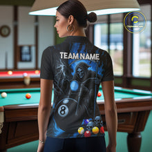 Load image into Gallery viewer, Back view of woman wearing a blue flame grim reaper motorcycle 8 ball pool jersey.