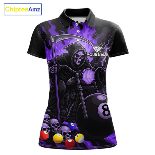 Purple flame grim reaper motorcycle 8 ball custom billiard polo shirt for women, pool team jersey.