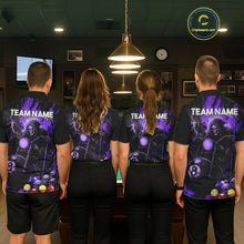 Load image into Gallery viewer, Back view of pool team wearing matching purple flame grim reaper motorcycle 8 ball billiard shirts.