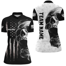 Load image into Gallery viewer, American Flag Skull Custom Women Billiard Jerseys Polo &amp; Quarter- Zip, Patriotic Billiard Shirts TDM2374