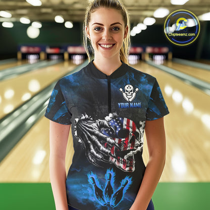 Blue Flaming American Flag Skull Bowling Shirt For Women Custom Fire Bowling Team Jersey TDM4692