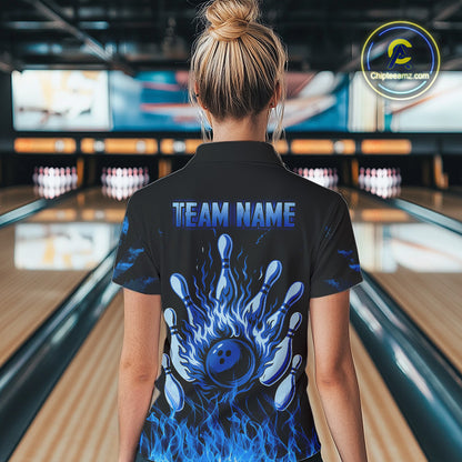 Blue Flaming American Flag Skull Bowling Shirt For Women Custom Fire Bowling Team Jersey TDM4692