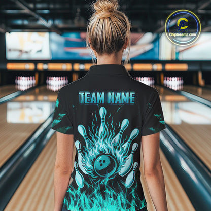 Turquoise Flaming American Flag Skull Bowling Shirt For Women Custom Fire Bowling Team Jersey TDM4693
