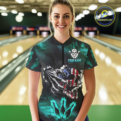 Turquoise Flaming American Flag Skull Bowling Shirt For Women Custom Fire Bowling Team Jersey TDM4693