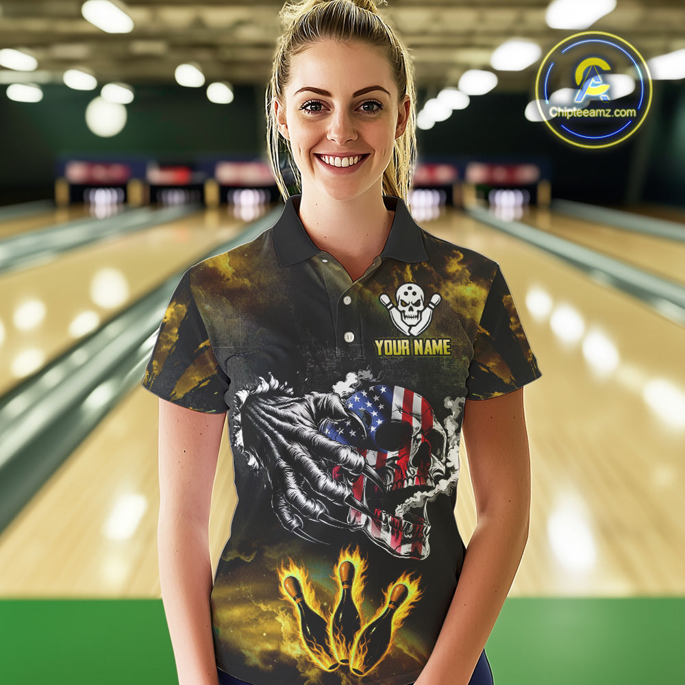 Yellow Flaming American Flag Skull Bowling Shirt For Women Custom Fire Bowling Team Jersey TDM4694