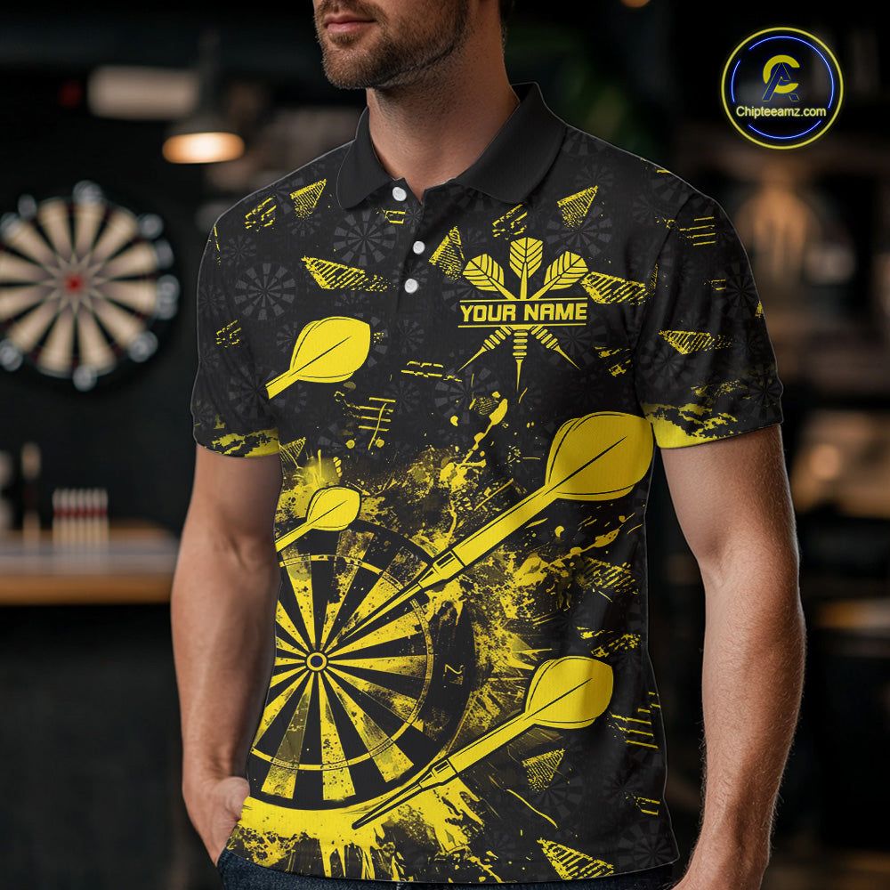 Black And Yellow Grunge Darts Polo, Quarter Zip For Men Custom Dart Shirts For Team Dart Jerseys TDM4697