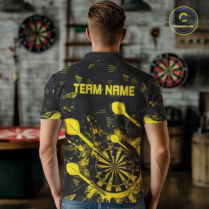 Black And Yellow Grunge Darts Polo, Quarter Zip For Men Custom Dart Shirts For Team Dart Jerseys TDM4697
